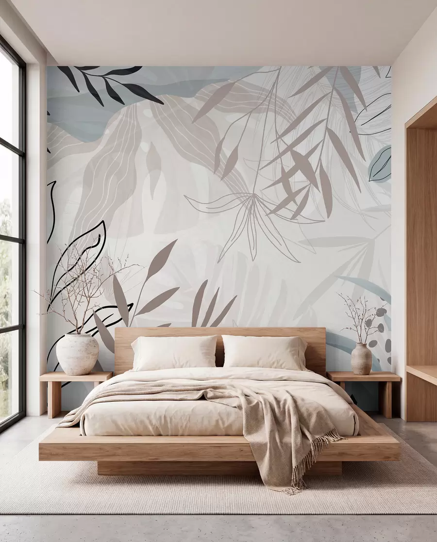 Fototapete Abstraktes florales modernes Design mit pastellfarbenen beigen, grauen, blauen und schwarzen Blättern, zarter Linienführung und weichem Hintergrund  w09105