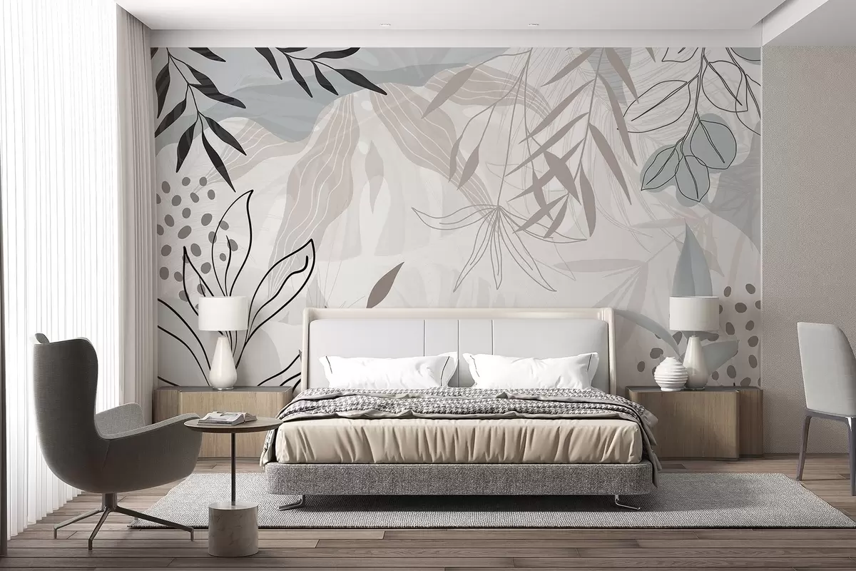 Fototapete Abstraktes florales modernes Design mit pastellfarbenen beigen, grauen, blauen und schwarzen Blättern, zarter Linienführung und weichem Hintergrund  w09105