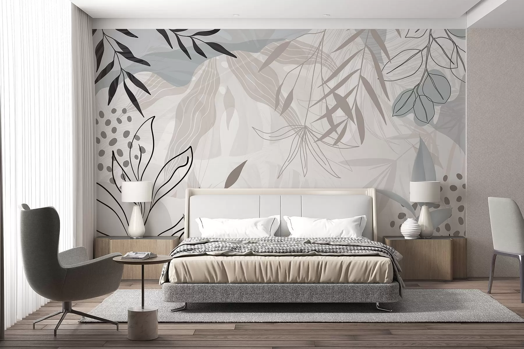 Fototapete Abstraktes florales modernes Design mit pastellfarbenen beigen, grauen, blauen und schwarzen Blättern, zarter Linienführung und weichem Hintergrund  w09105