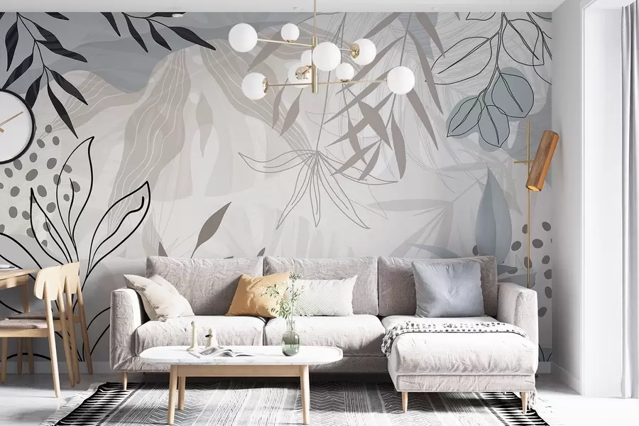 Fototapete Abstraktes florales modernes Design mit pastellfarbenen beigen, grauen, blauen und schwarzen Blättern, zarter Linienführung und weichem Hintergrund  w09105