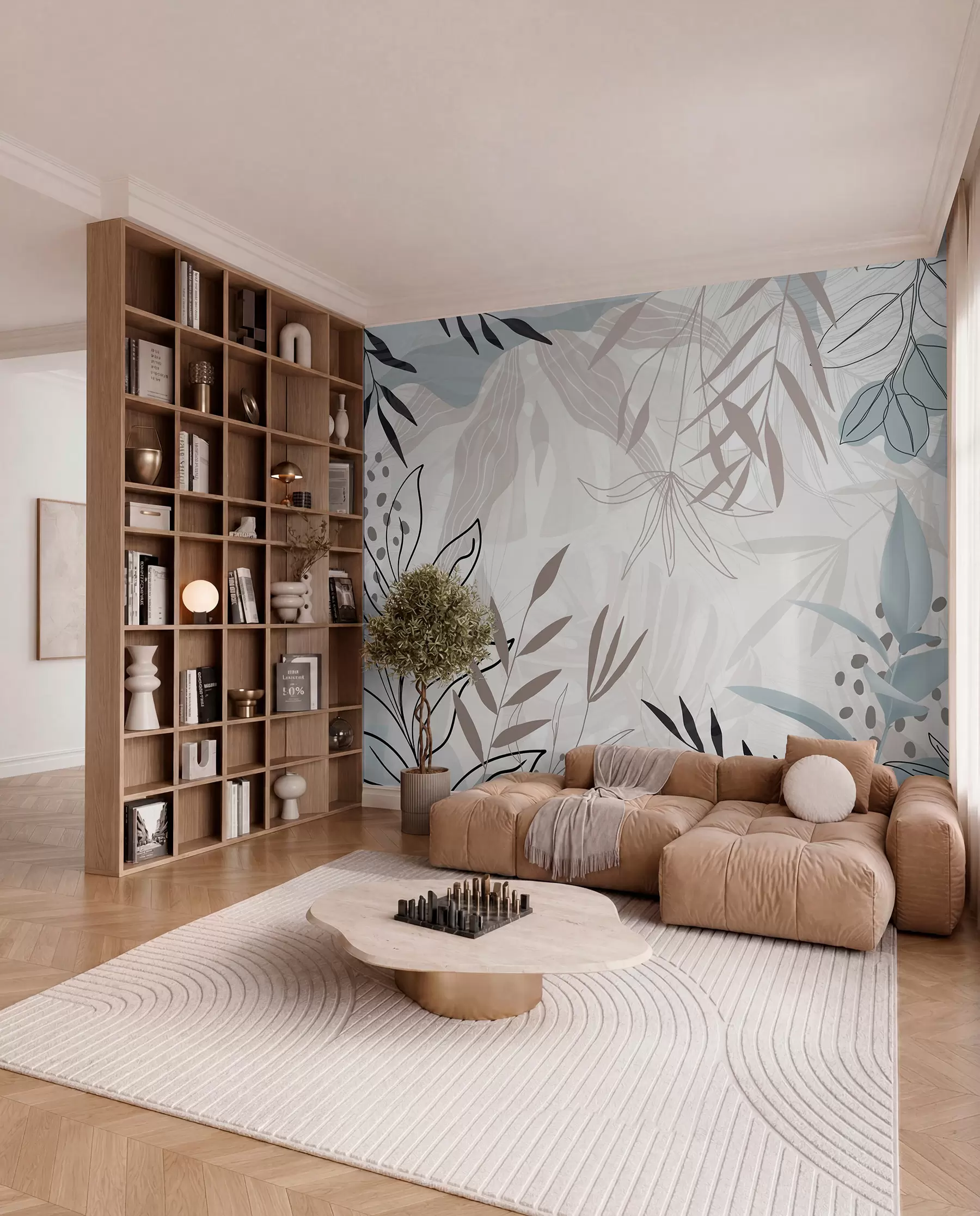 Fototapete Abstraktes florales modernes Design mit pastellfarbenen beigen, grauen, blauen und schwarzen Blättern, zarter Linienführung und weichem Hintergrund  w09105