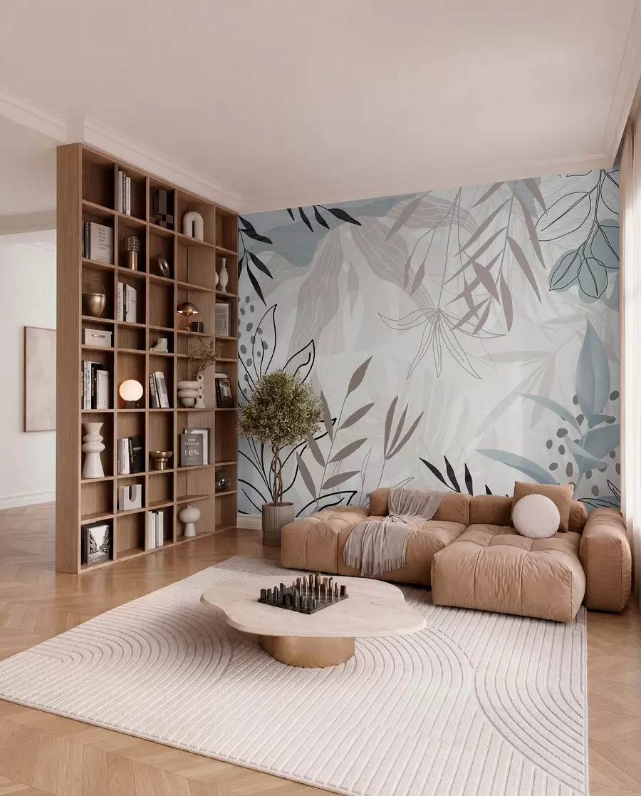 Fototapete Abstraktes florales modernes Design mit pastellfarbenen beigen, grauen, blauen und schwarzen Blättern, zarter Linienführung und weichem Hintergrund  w09105