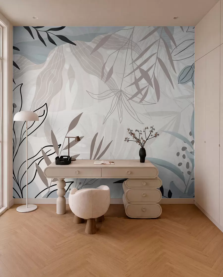 Fototapete Abstraktes florales modernes Design mit pastellfarbenen beigen, grauen, blauen und schwarzen Blättern, zarter Linienführung und weichem Hintergrund  w09105