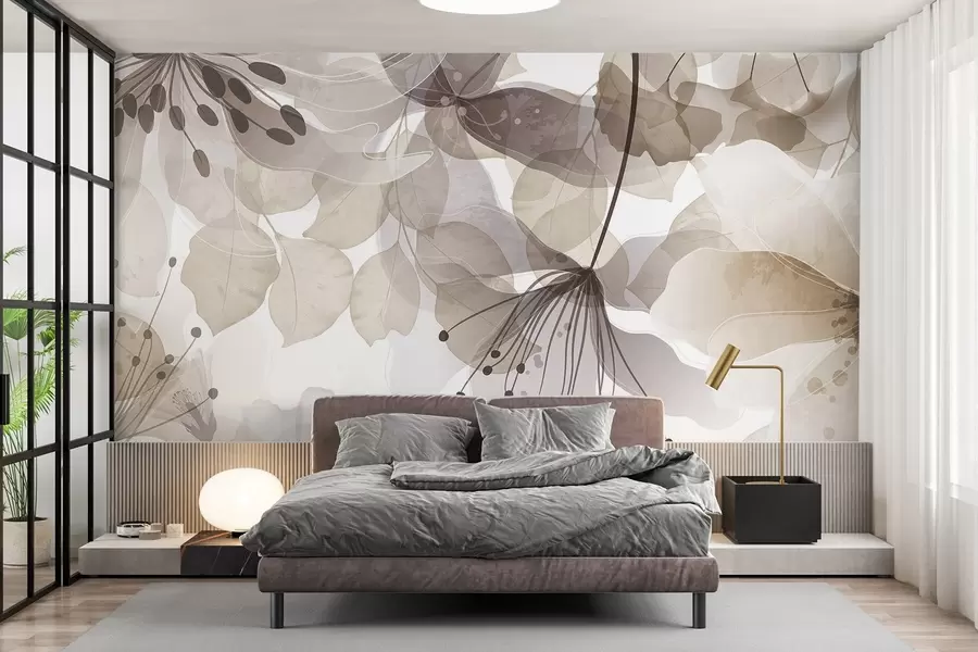 Fototapete Blumen und Blätter in Beigetönen, durchscheinende Blütenblätter und Blätter, weicher Aquarelleffekt, zarte Linien, weißer Hintergrund w09107v1