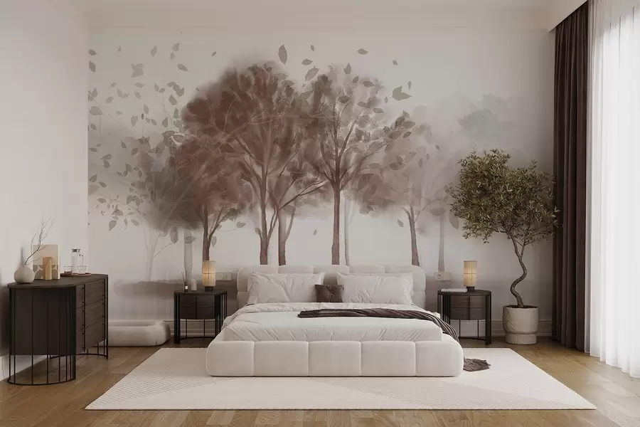 Fototapete Abstrakte Landschaft mit Bäumen mit braunen Blättern, die sich im Wasser spiegeln, in Aquarell strukturiertem Stil w09109v1