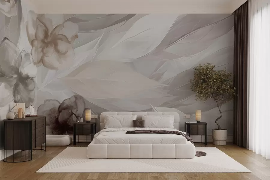 Fototapete Zarte Blumen und Blätter in Schattierungen von Weiß, Braun und Beige floralen Hintergrund, weiche Farben, zarte Blütenblätter w09111v1