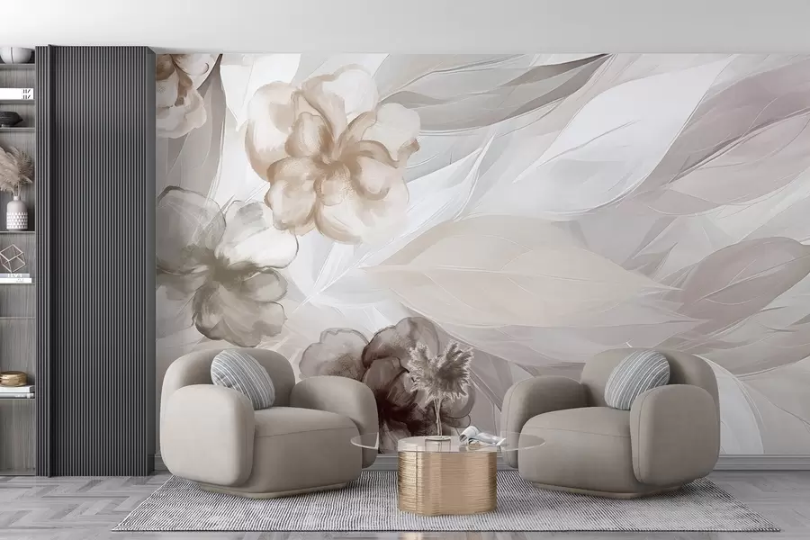 Fototapete Zarte Blumen und Blätter in Schattierungen von Weiß, Braun und Beige floralen Hintergrund, weiche Farben, zarte Blütenblätter w09111v1