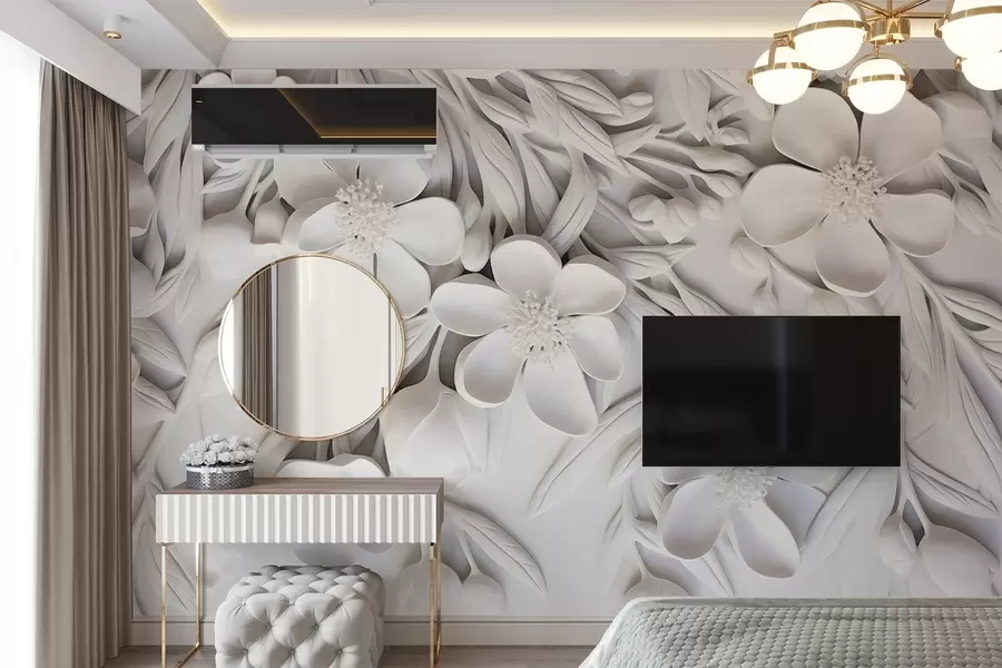 Fototapete Weiße Blumen und Blätter in einem weißen Hintergrund, floral elegant, dekoratives Design, komplizierte Details w09113