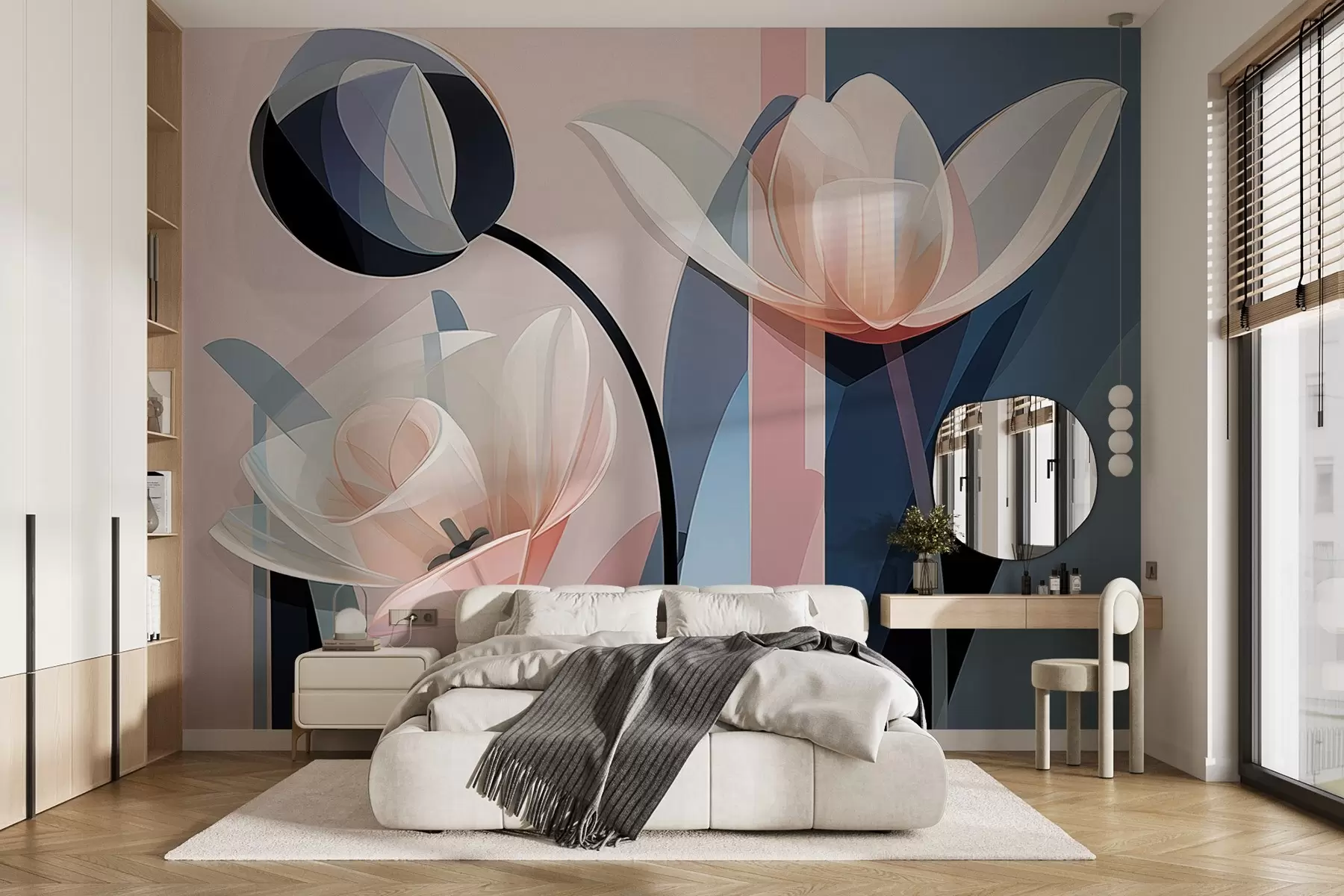 Fototapete Abstraktes modernes Design mit Tulpen mit transparenten Blütenblättern in Pastelltönen von Rosa, Weiß und Dunkelblau w09116