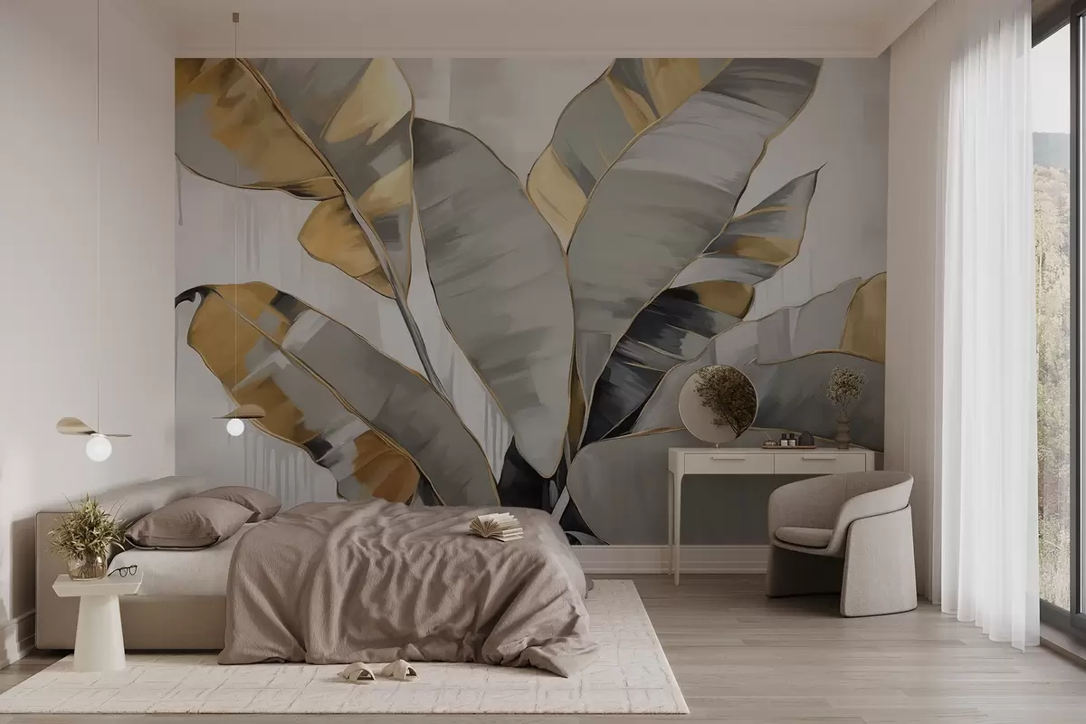 Fototapete Banane tropische strukturierte Blätter mit grauen und gelben Tönen, modernen Stil, neutralen Hintergrund, dekorative Malerei w09118