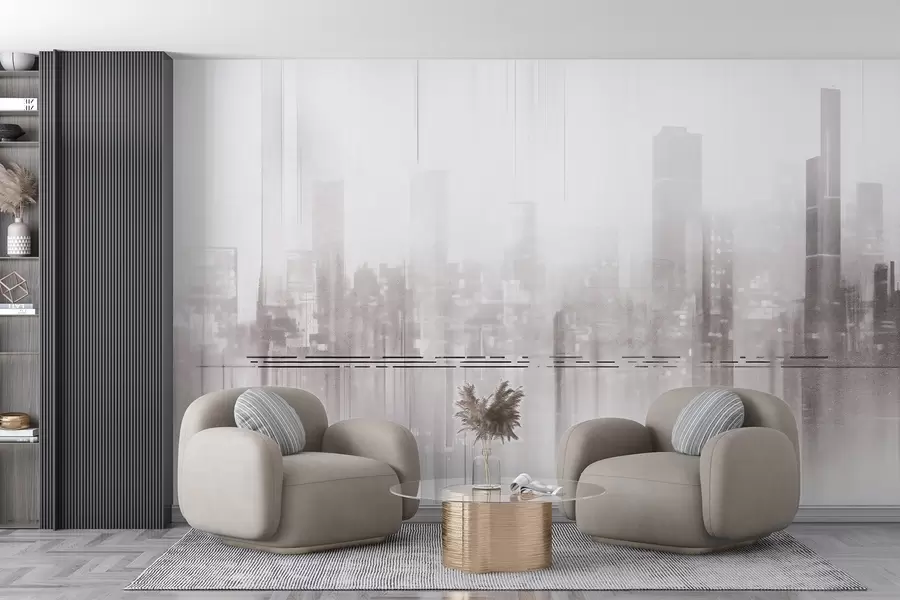 Fototapete Abstrakte, strukturierte Stadtlandschaft mit hohen Gebäuden und Streifen in Grau- und Weißtönen, die einen dunstigen Effekt erzeugen w09119