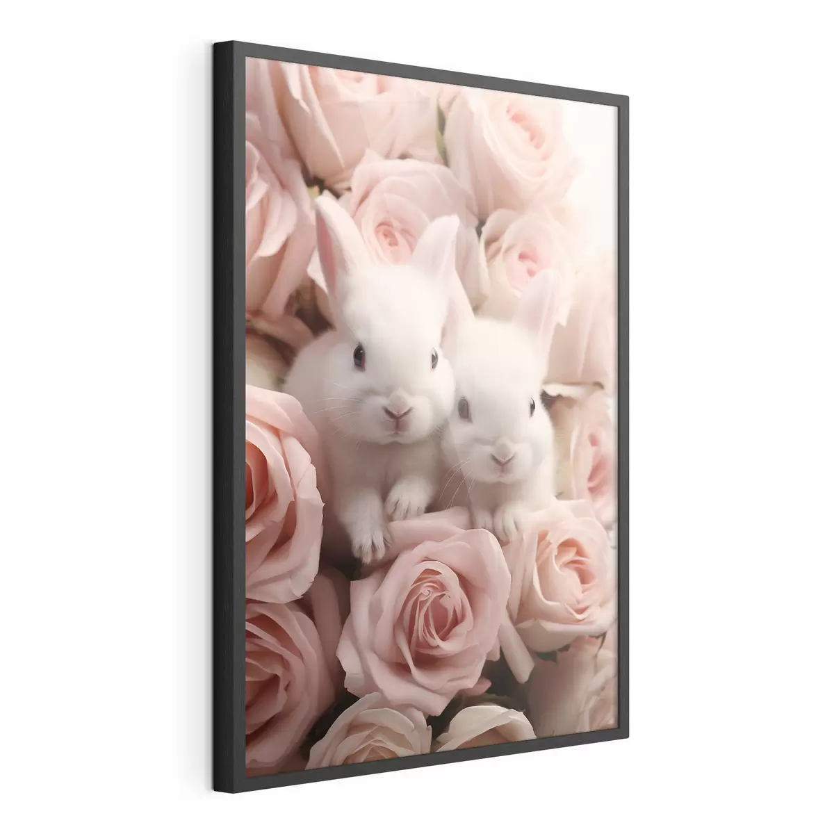 Poster Zwei weiße Kaninchen in zarten Rosenblüten f44380