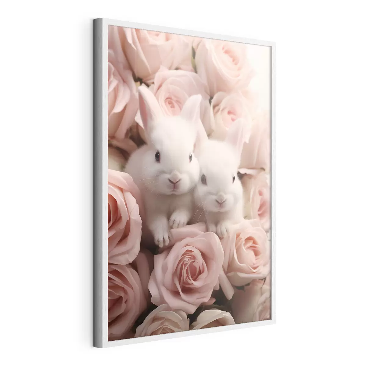 Poster Zwei weiße Kaninchen in zarten Rosenblüten f44380