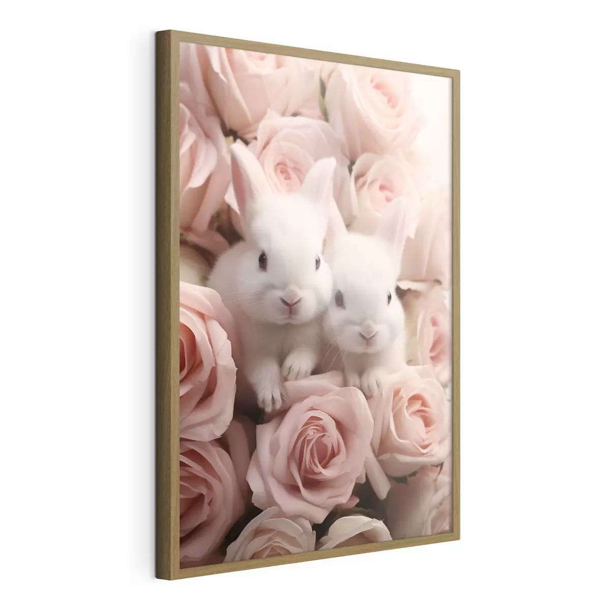 Poster Zwei weiße Kaninchen in zarten Rosenblüten f44380
