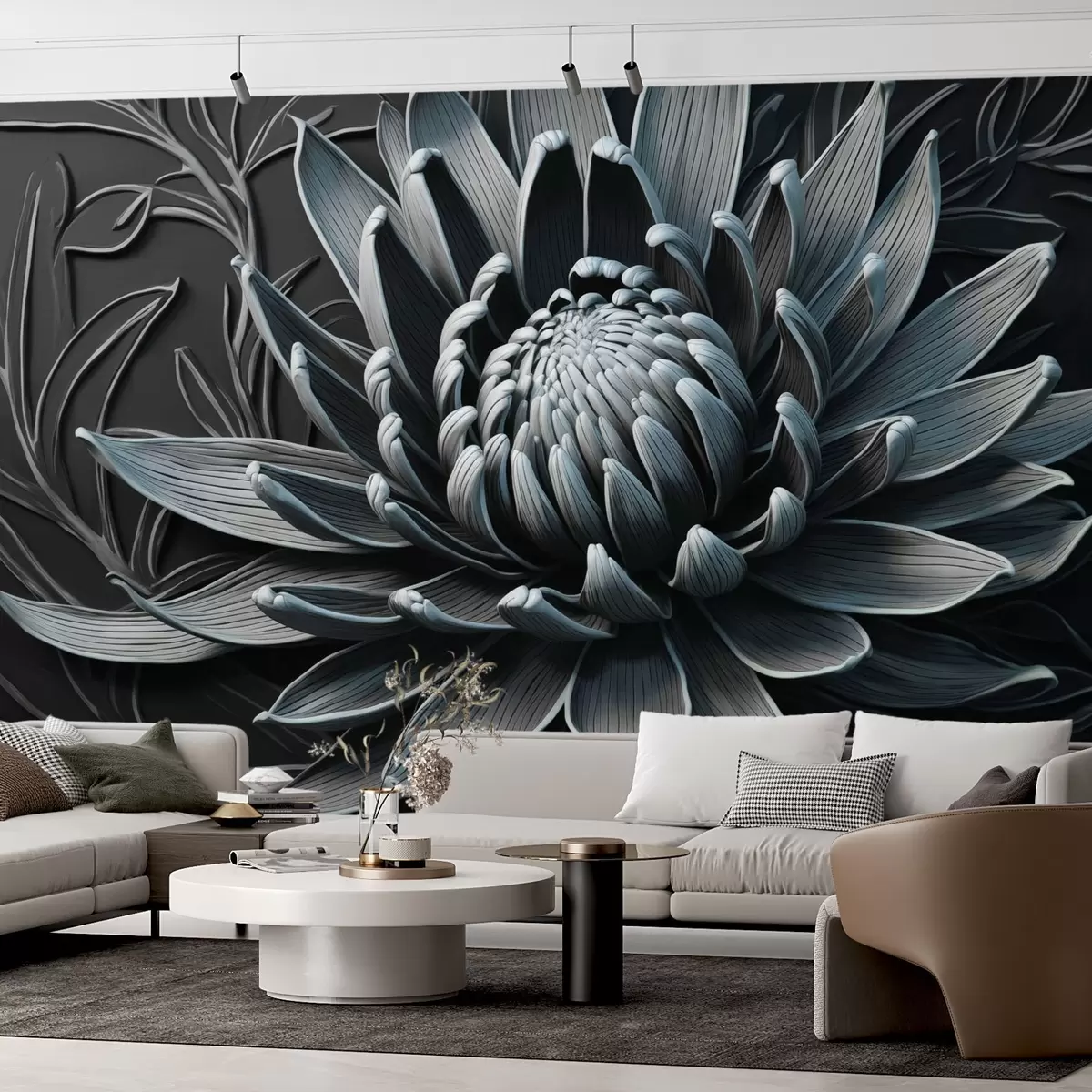 Fototapete Protea Blume, blaue und schwarze Farbe w03930v2