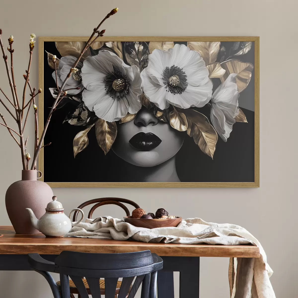 Poster Halbabstraktes Porträt einer Frau mit Blumen f44365