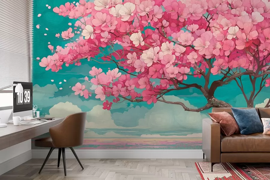 Fototapete Ein rosafarbener Kirschblütenbaum mit fallenden Blütenblättern und einem blauen Himmel in einem romantischen Stil w09120