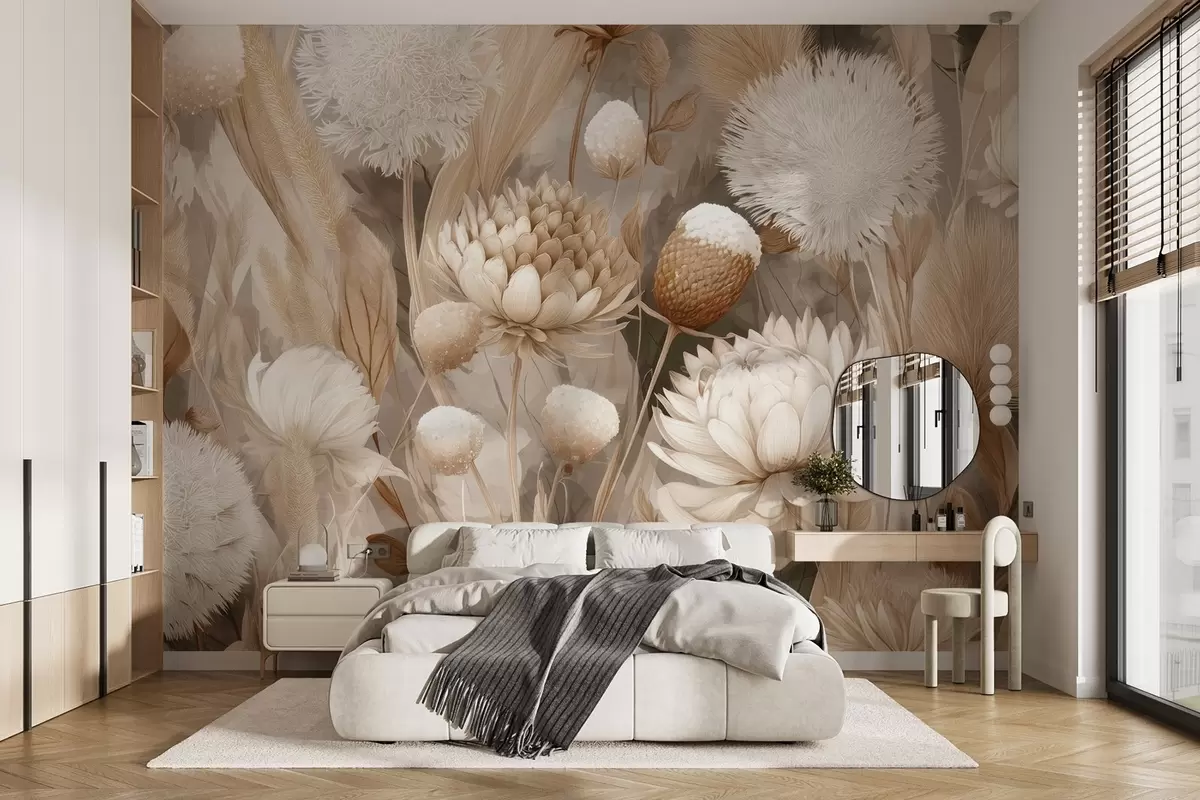 Fototapete Boho-Harmonie: Strukturierte Blumen in Beige- und Cremetönen w09121
