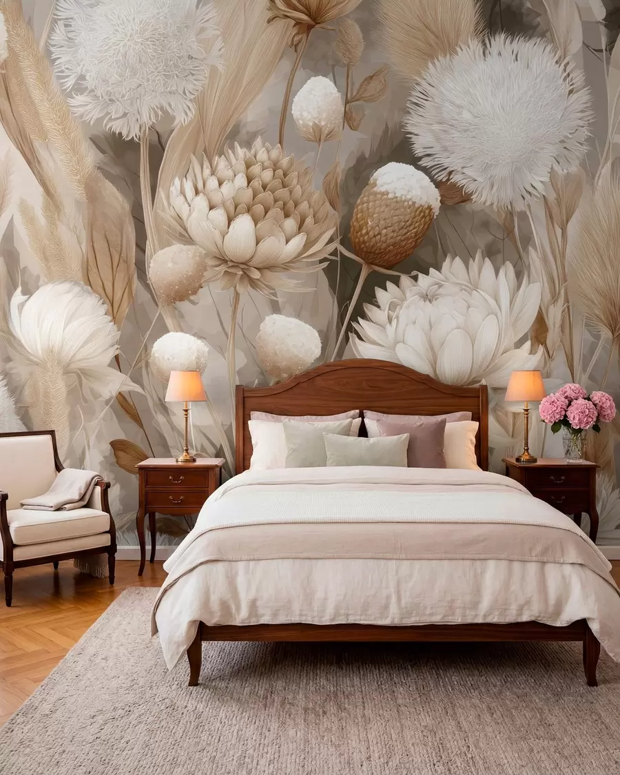 Fototapete Boho-Harmonie: Strukturierte Blumen in Beige- und Cremetönen w09121