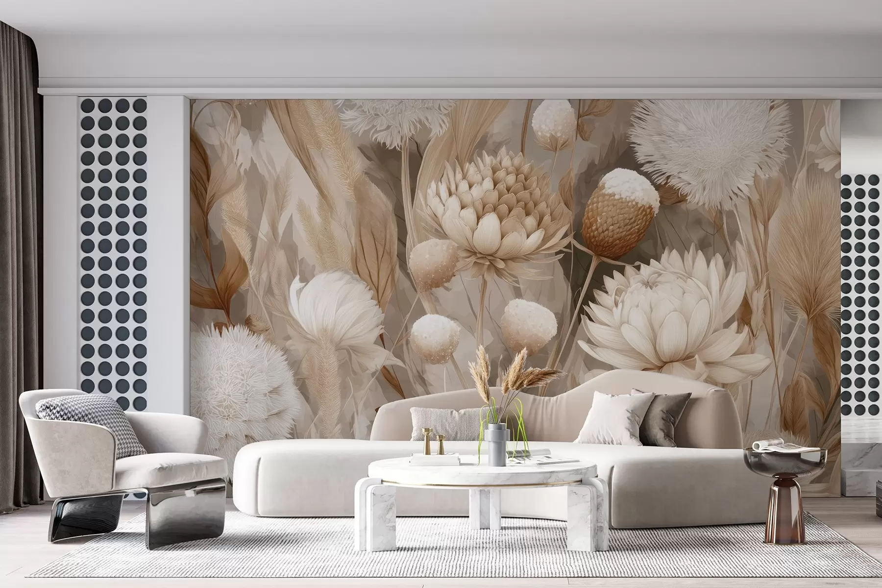 Fototapete Boho-Harmonie: Strukturierte Blumen in Beige- und Cremetönen w09121