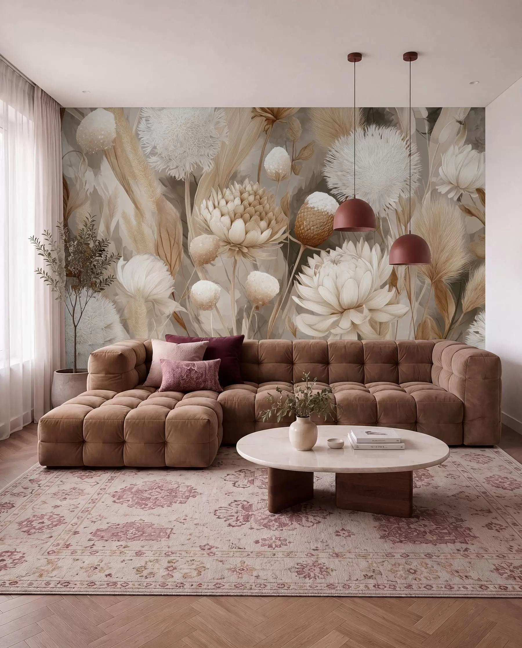 Fototapete Boho-Harmonie: Strukturierte Blumen in Beige- und Cremetönen w09121