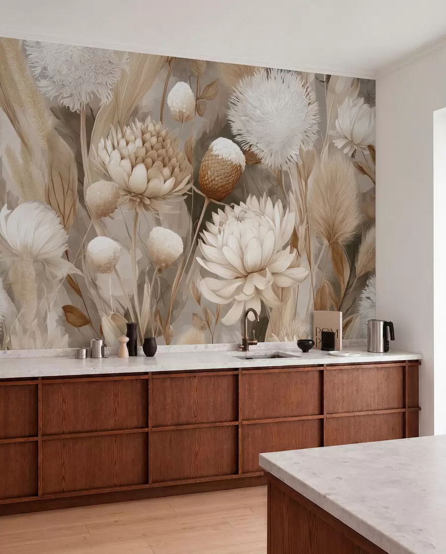 Fototapete Boho-Harmonie: Strukturierte Blumen in Beige- und Cremetönen w09121