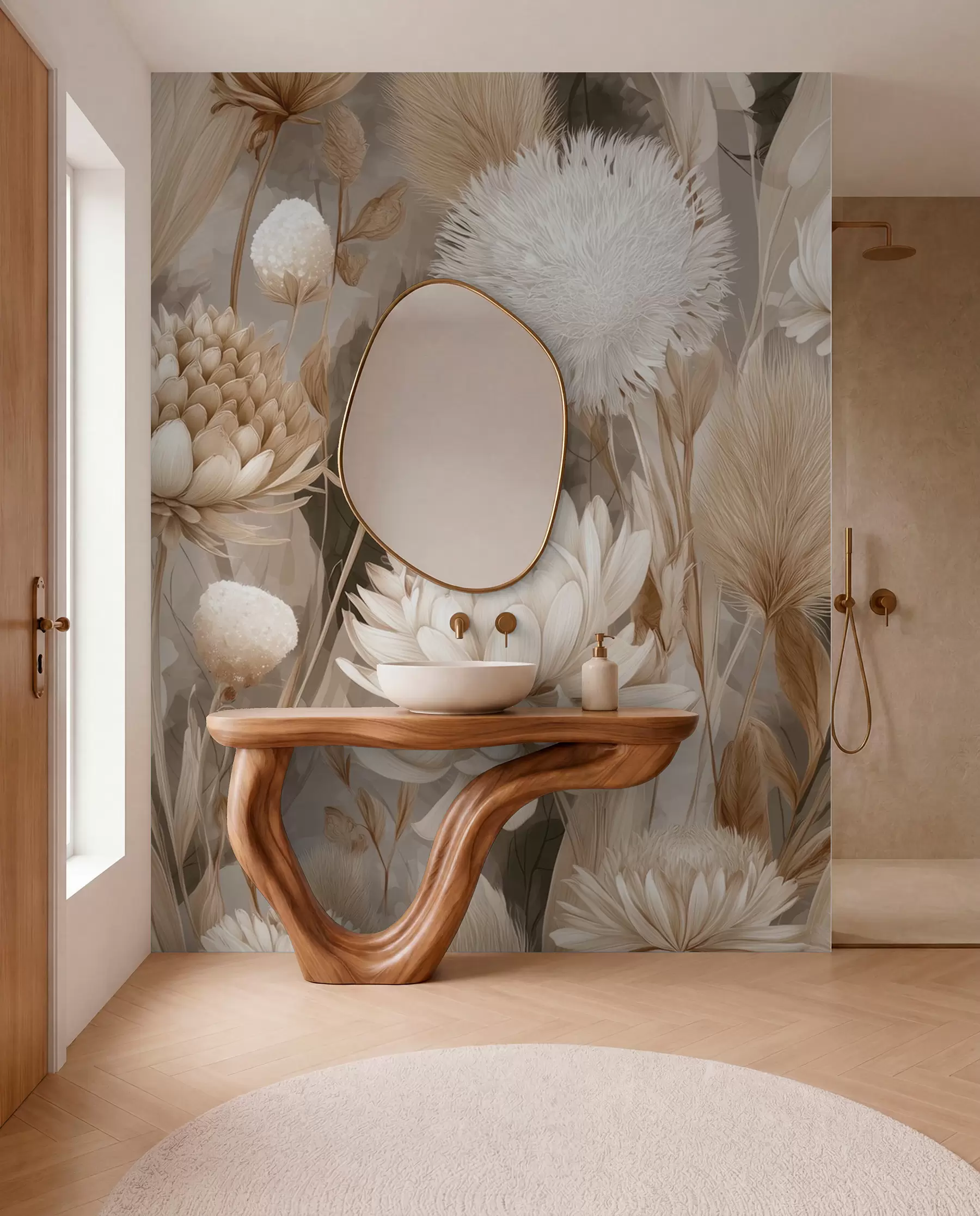 Fototapete Boho-Harmonie: Strukturierte Blumen in Beige- und Cremetönen w09121
