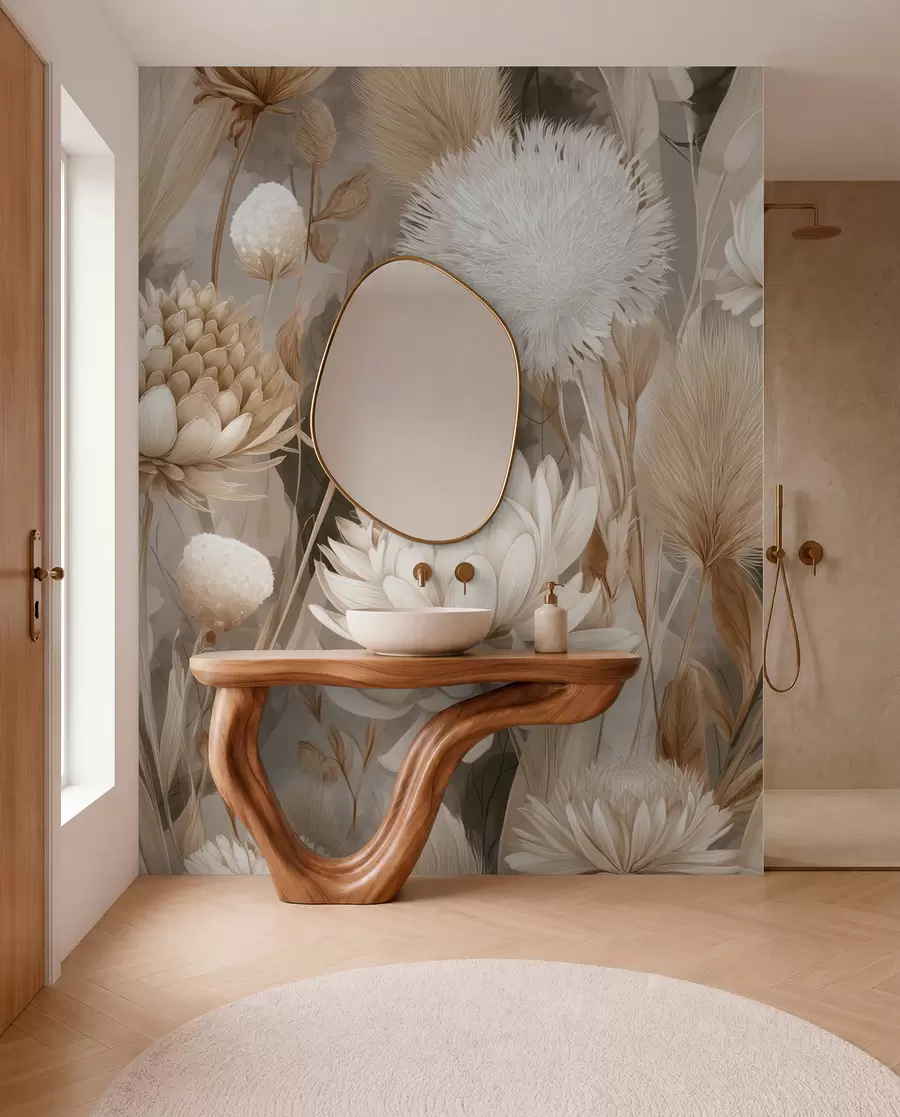 Fototapete Boho-Harmonie: Strukturierte Blumen in Beige- und Cremetönen w09121
