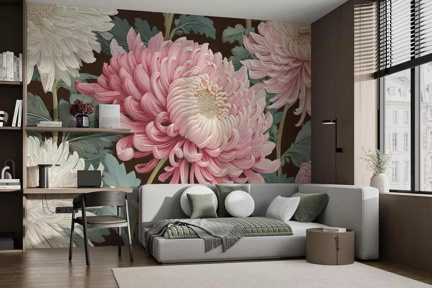 Fototapete Rosa und weiße große Orchideen mit Blättern auf dunklem Hintergrund w09125