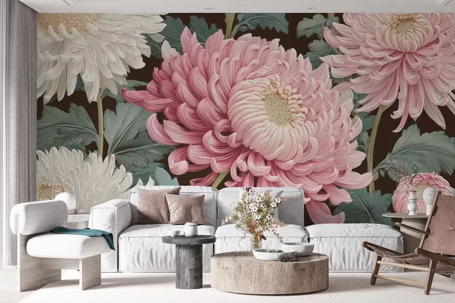 Fototapete Rosa und weiße große Orchideen mit Blättern auf dunklem Hintergrund w09125