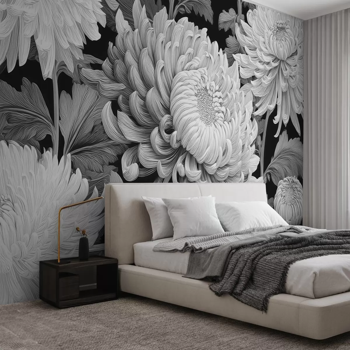 Fototapete Schwarze und weiße große Orchideen mit Blättern w09125v1