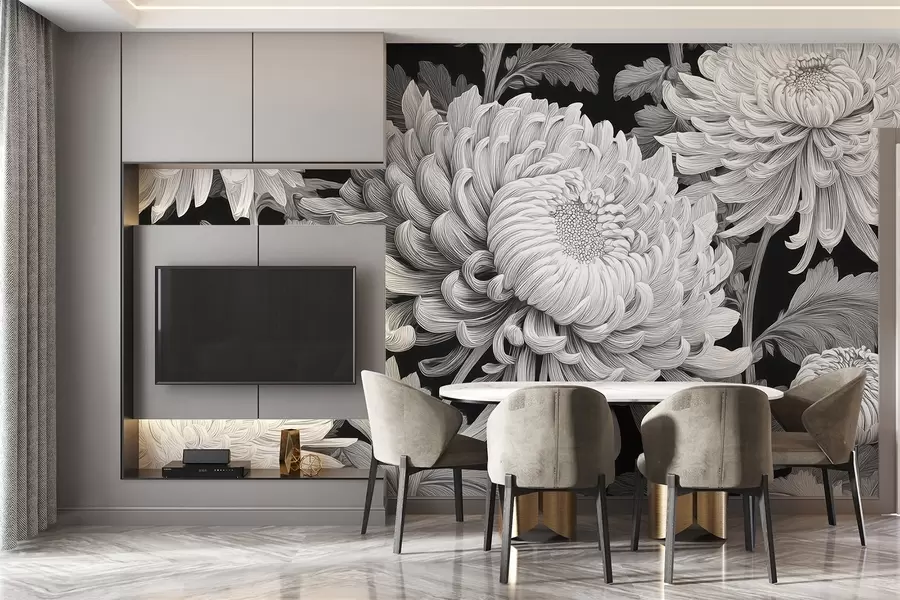 Fototapete Schwarze und weiße große Orchideen mit Blättern w09125v1