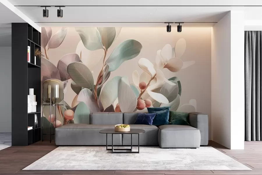 Fototapete Pflanzen mit Beeren in hellen Pastelltönen w09128