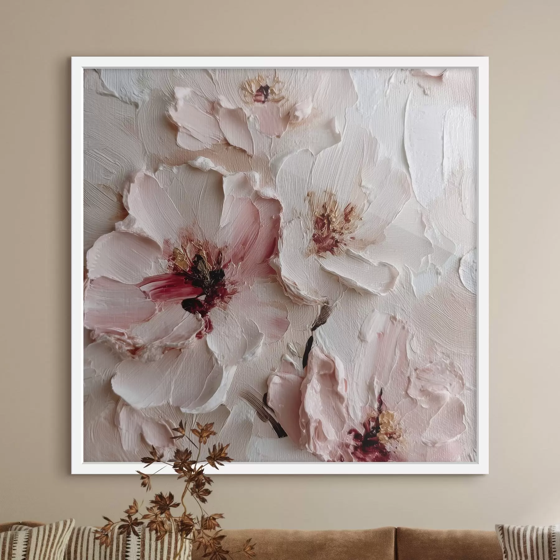 Fototapete Blumen mit Imitation im Impasto-Stil in rosa und weißen Strichen f44333