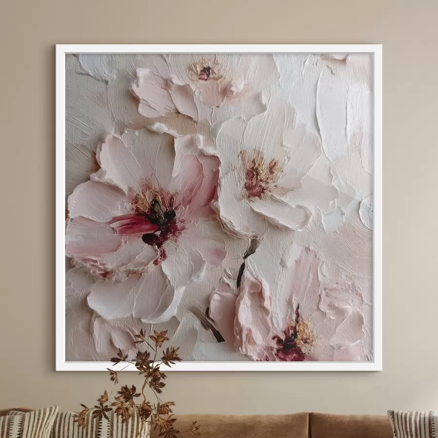 Fototapete Blumen mit Imitation im Impasto-Stil in rosa und weißen Strichen f44333