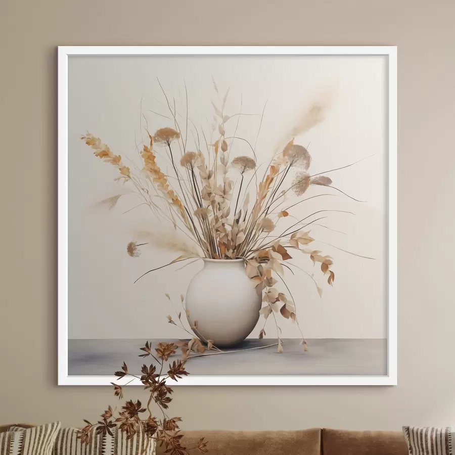 Fototapete Arrangement aus getrockneten Gräsern und Blumen in einer weißen Vase f44348