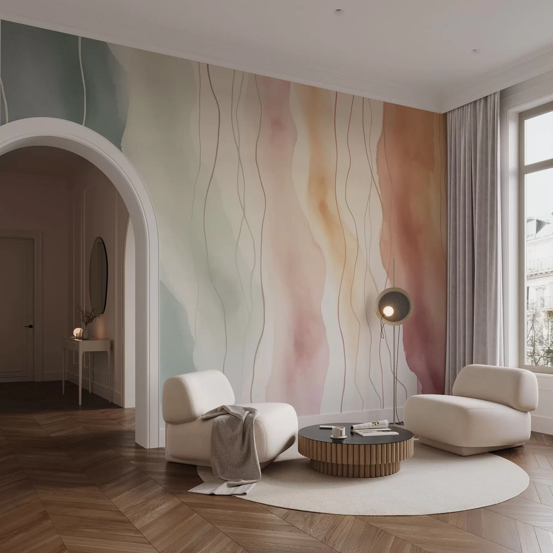 Fototapete Abstrakte Aquarellwellen in warmen und kühlen Farben w03989