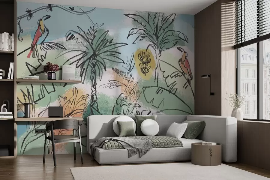 Fototapete Tropischer Druck mit Papageien, satte Farben, Tropen w04019