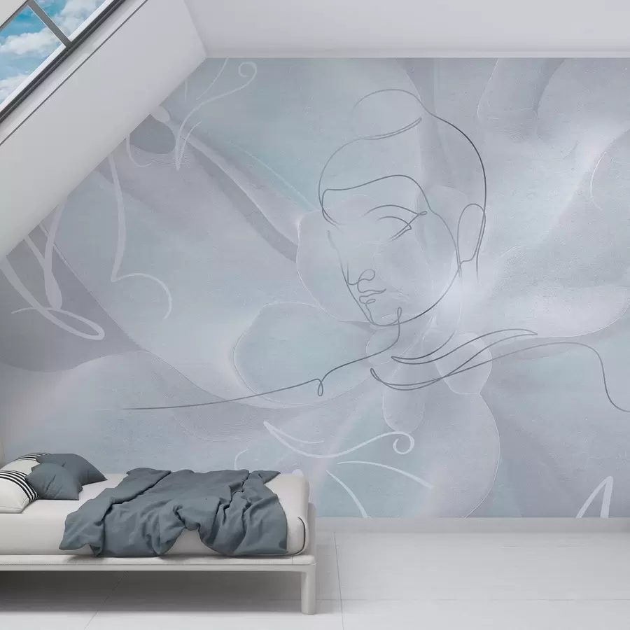 Fototapete Florale Abstraktion mit Buddha-Linienzeichnung, blaue Farben w04004v1