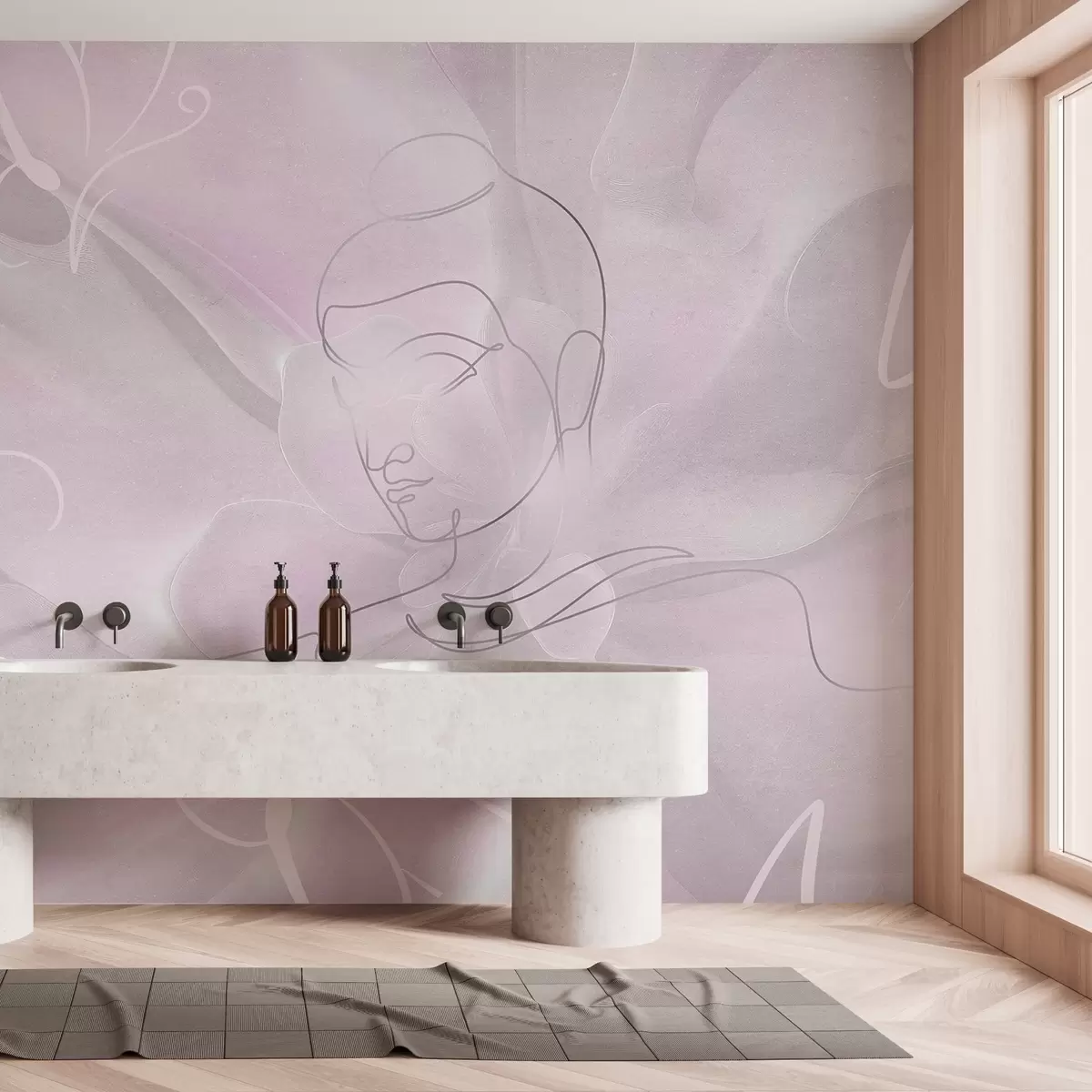Fototapete Florale Abstraktion mit Buddha-Linienzeichnung, rosa Farben w04004v2