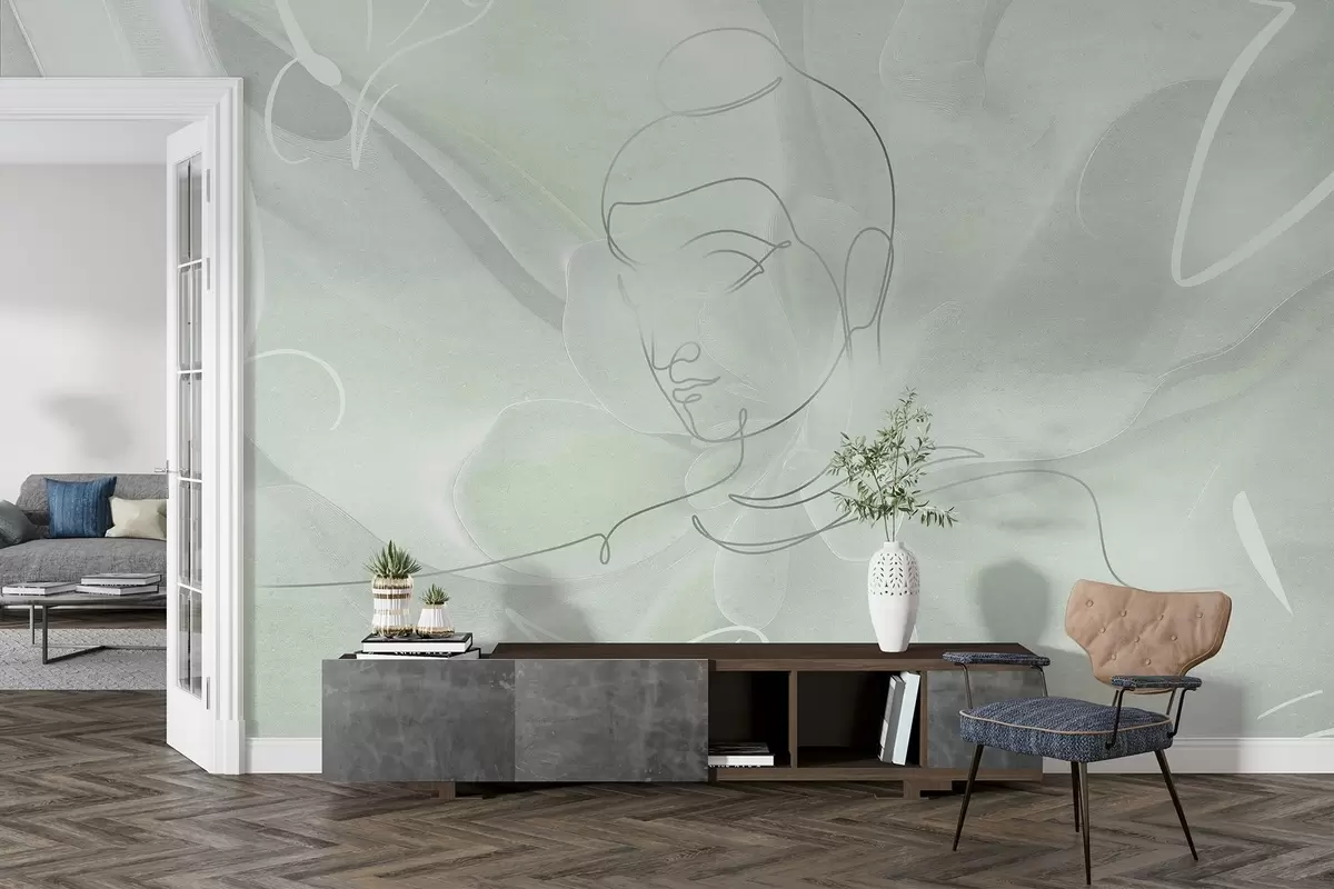 Fototapete Florale Abstraktion mit Buddha-Linienzeichnung, grüne Farben w04004v3