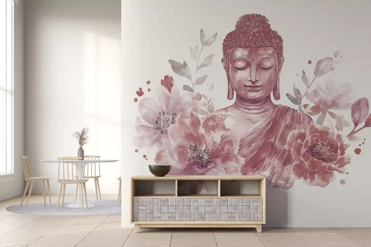 Fototapete Aquarell-Buddha mit Blumen, spirituell, bordeauxfarbene Farbpalette  w04005v2