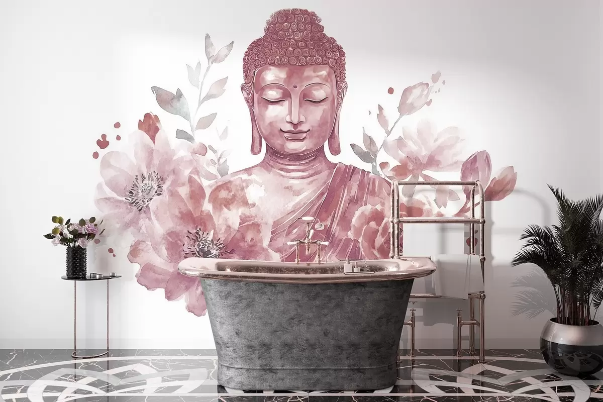 Fototapete Aquarell-Buddha mit Blumen, spirituell, bordeauxfarbene Farbpalette  w04005v2