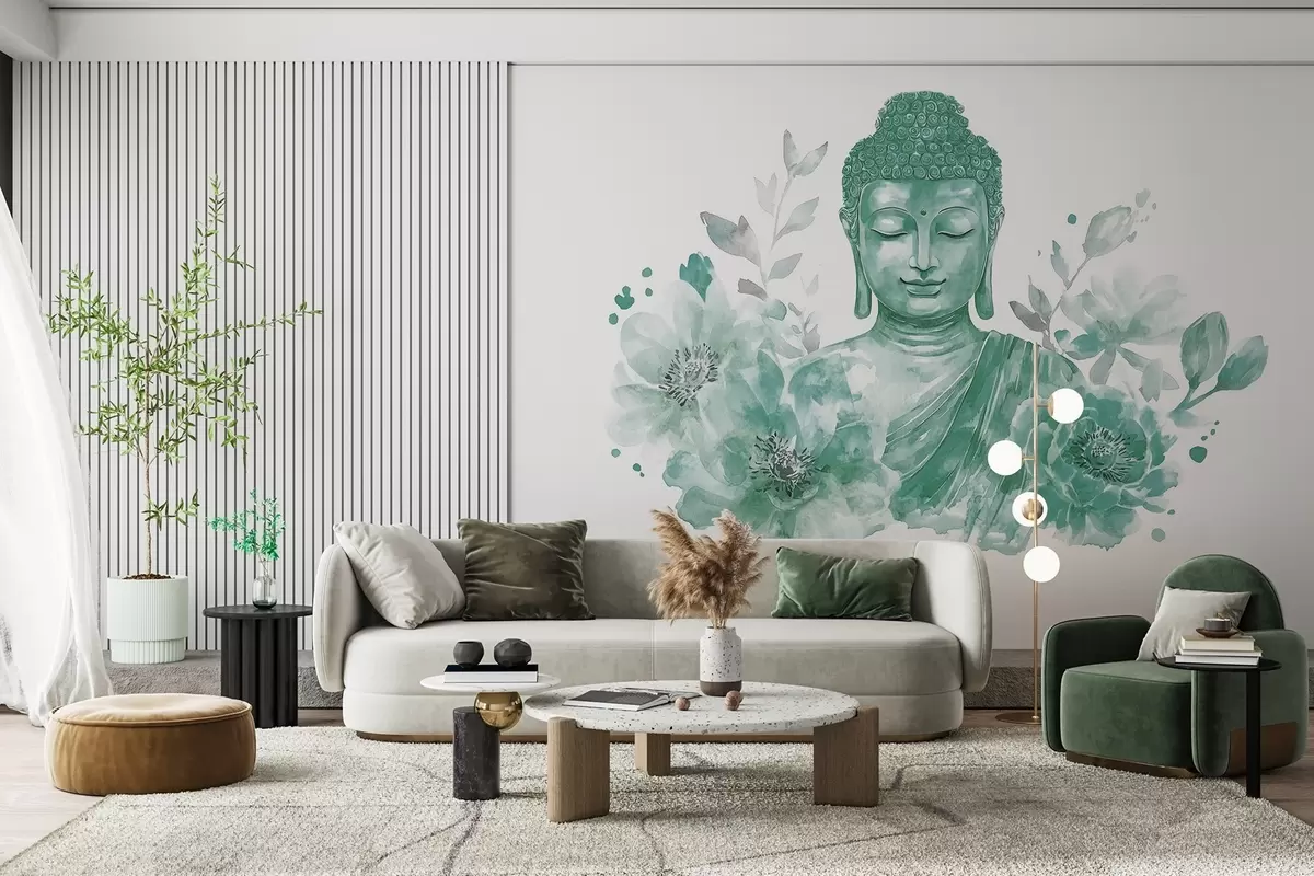 Fototapete Aquarell-Buddha mit Blumen, spirituell, grüne Farbpalette  w04005v3
