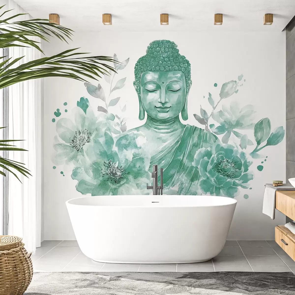 Fototapete Aquarell-Buddha mit Blumen, spirituell, grüne Farbpalette  w04005v3