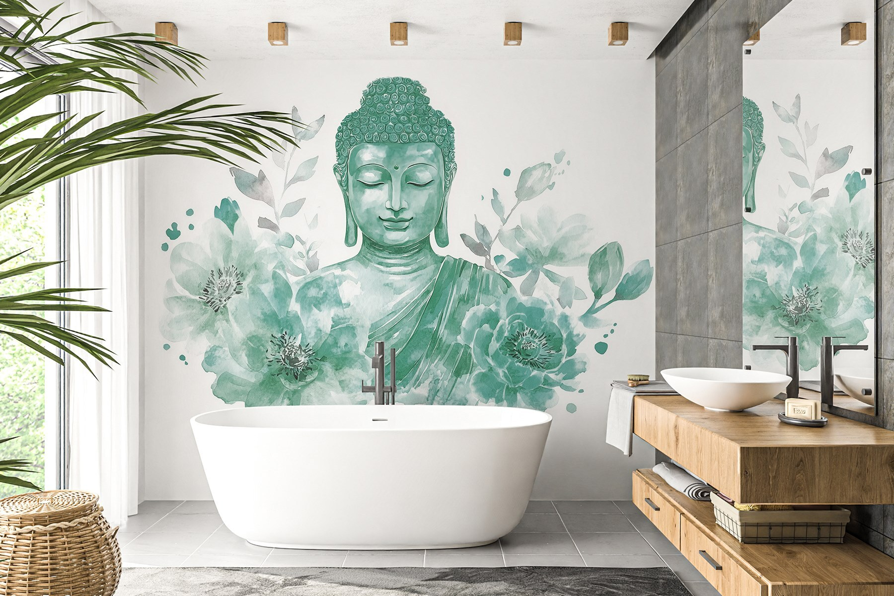 fototapete aquarell-buddha mit blumen, spirituell, grüne farbpalette  w04005v3