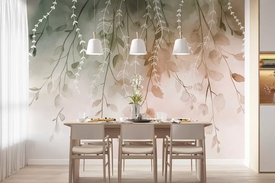 Fototapete Äste mit Blättern im Aquarellstil, natürliche Herbstfarben w04007v1