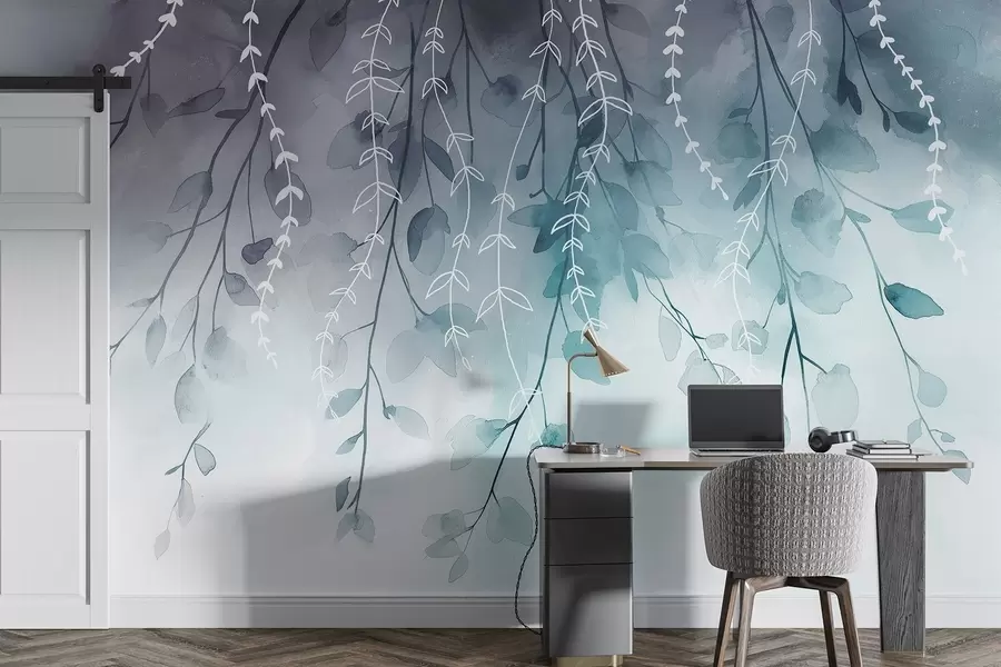 Fototapete Äste mit Blättern im Aquarellstil, natürliche Aquamarinfarben w04007v3