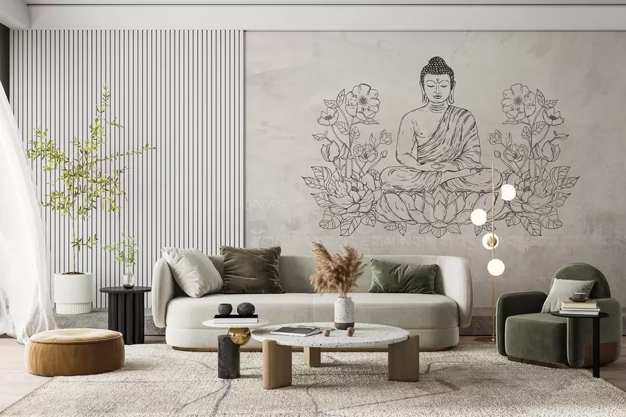 Fototapete Meditierender Buddha mit Lotusblumen, Strichzeichnung, orientalisch, beiger Hintergrund w04008v1