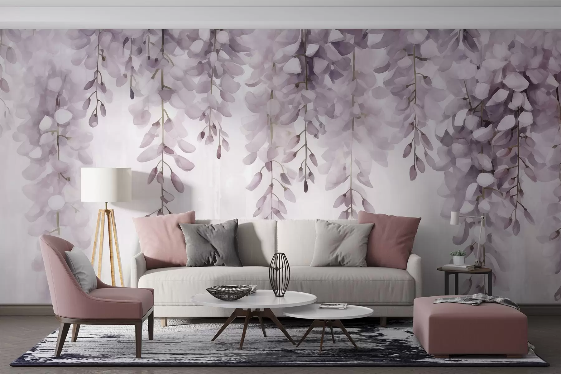 Fototapete Aquarellszene mit von oben herabfallenden lilafarbenen Glyzinien, die an die Ruhe und Klarheit eines frühen Morgendunstes erinnern w04034v3